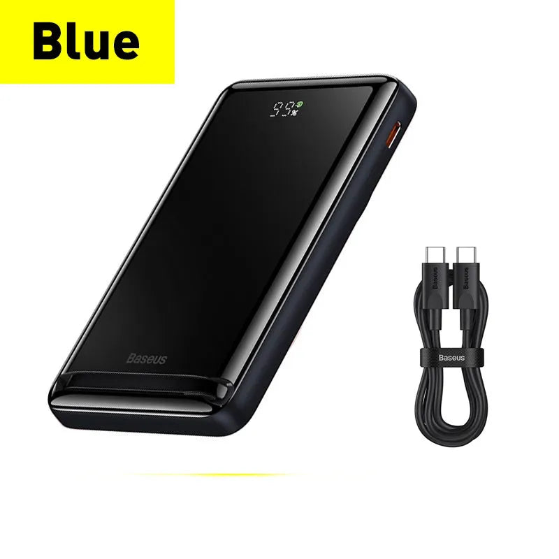 Slim blue magnetic power bank showing wireless charging surface and USB port