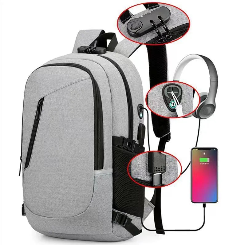 Men's solid colour oxford cloth computer backpack with street style, shown in blue