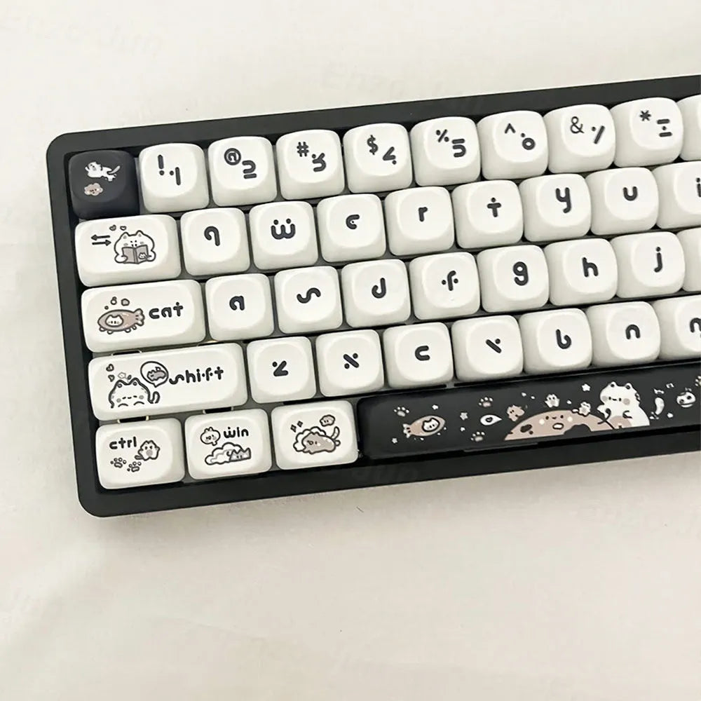 Black and white MOA height key cap set with kitten fantasy design on a mechanical keyboard