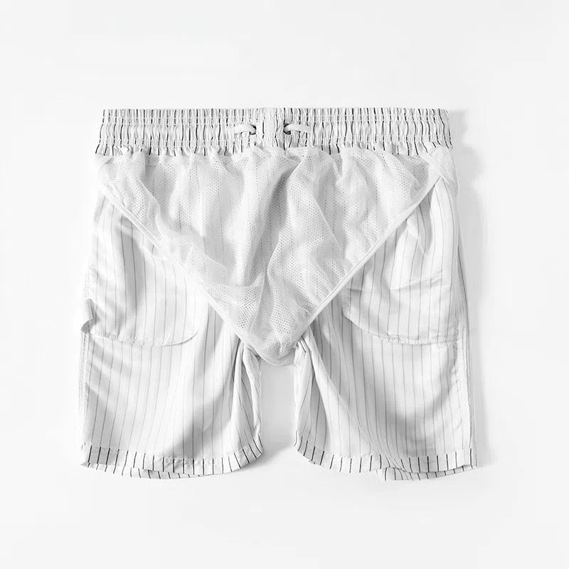 Men's white striped quick-drying loose plus-size beach pants with lining, waist elastic, and straight leg cut