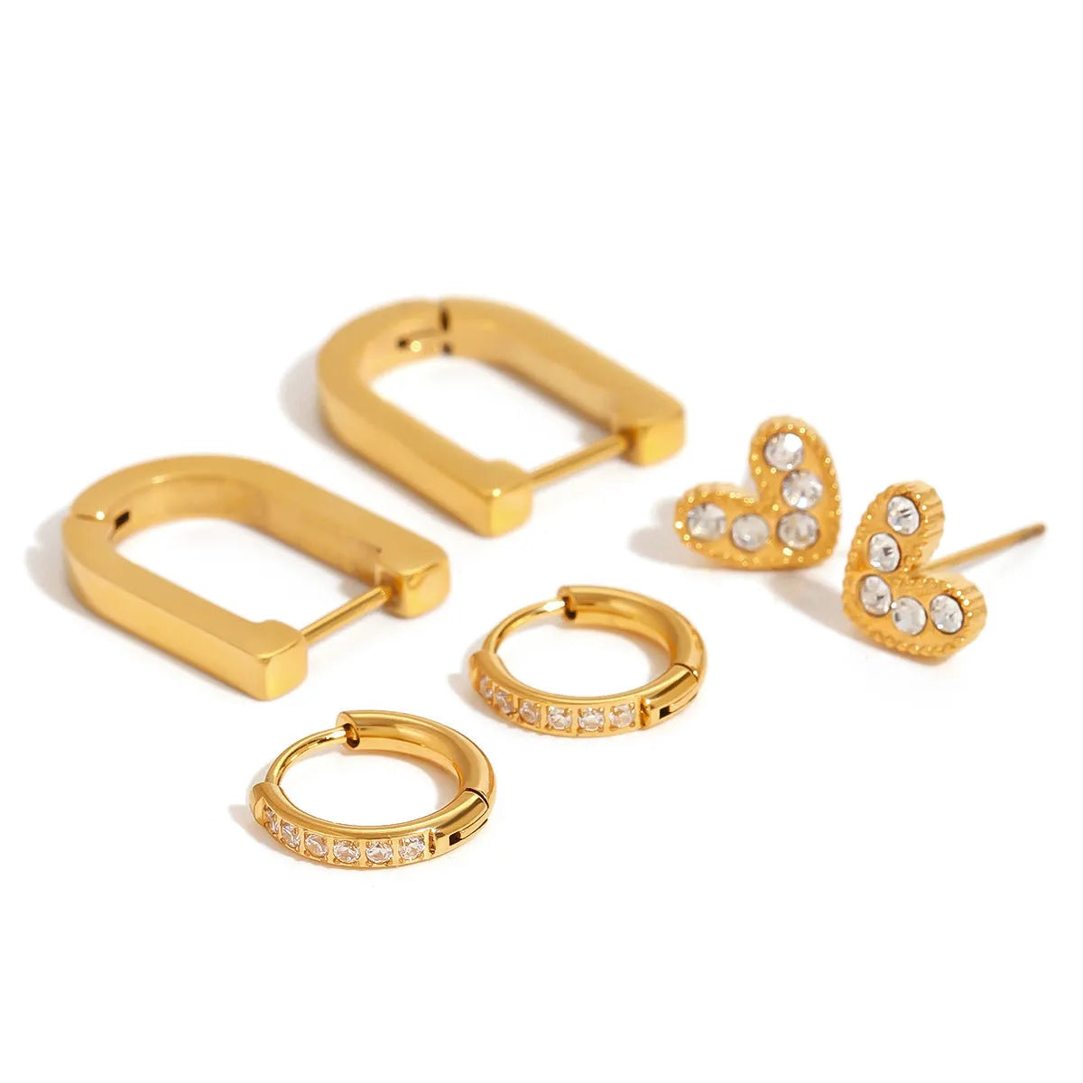 18K gold plated ear clip set with heart, U-shaped, star and geometric designs, 3 pairs
