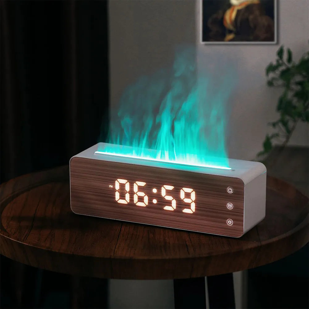 White flame humidifier with clock display on a desk, showing mist output