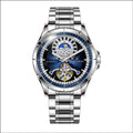 Men's silver waterproof automatic watch with blue dial and stainless steel strap