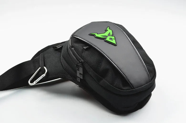 0105MC motorcycle leg bag in 1200D Oxford cloth, shown in red, blue, green, and grey colour options.