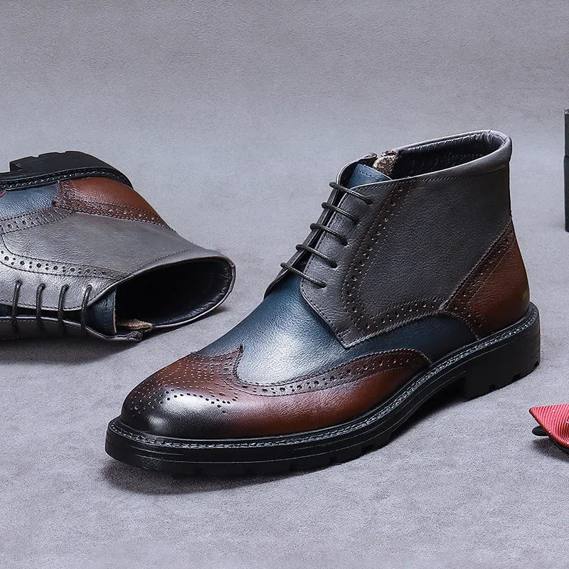 Mens brown and blue colour block brogue ankle boots with leather upper and low heel