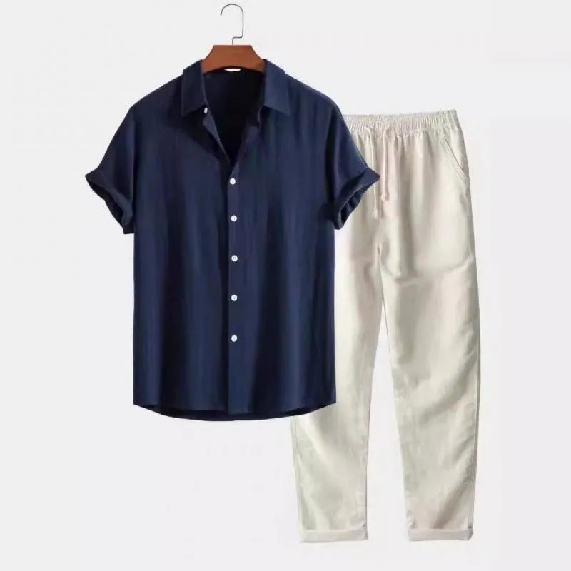 Men's casual short sleeve shirt and trousers set in linen-feel polyester fabric
