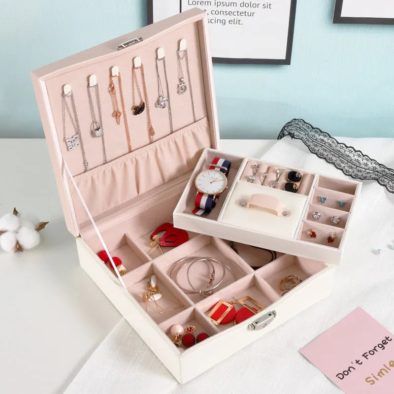 Red or white PU jewelry storage box with large capacity for necklace and ring organisation