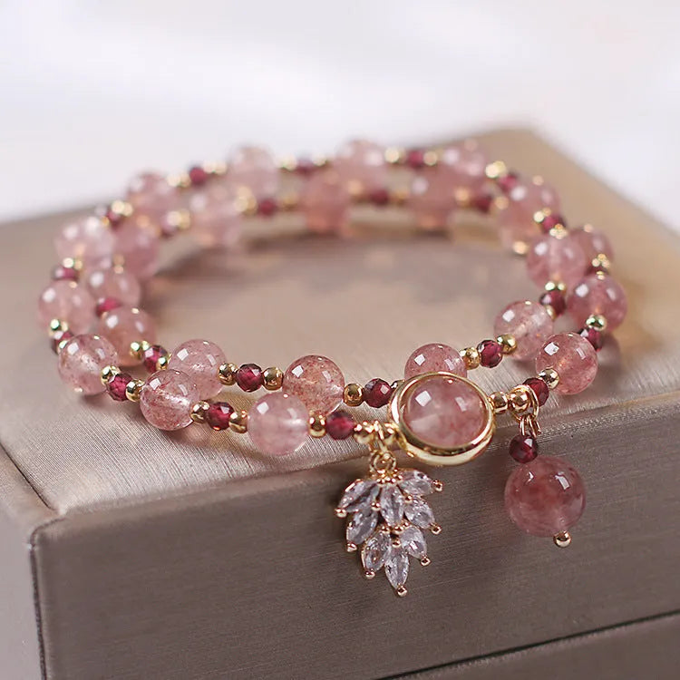 Women's strawberry quartz crystal double layer bracelet with lucky cat charm and red cat's eye flowers decoration