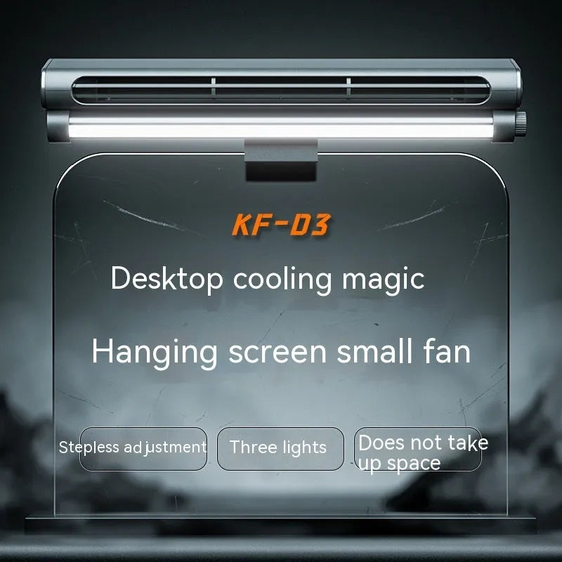 Black bladeless desk fan with screen clamp and LED lighting lamp attached to computer monitor