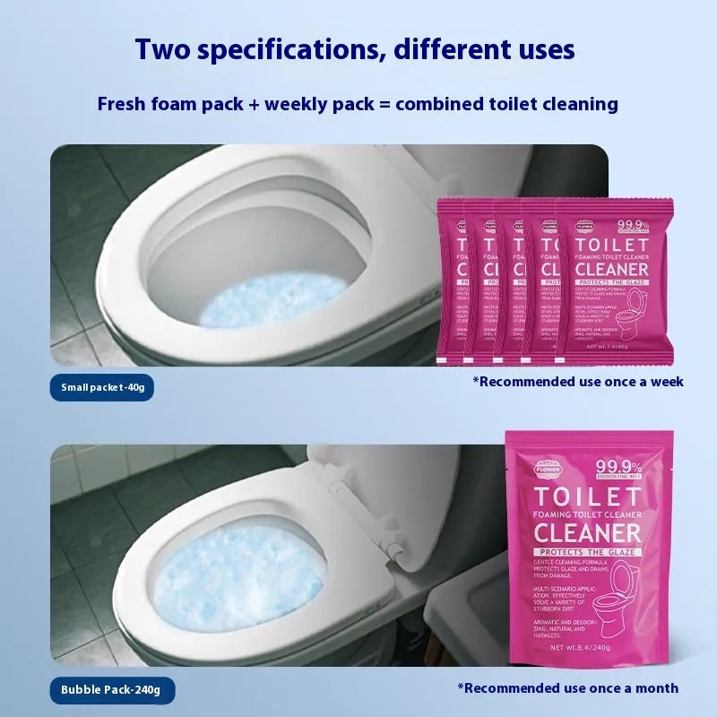 Toilet bubble descaling powder in blue ocean or pink floral fragrance, available in 240g bag or 5x40g sachet box