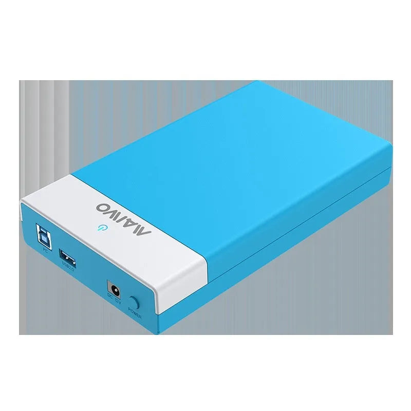 3.5 inch USB SATA hard drive enclosure with sliding cover and power supply in black and silver colour