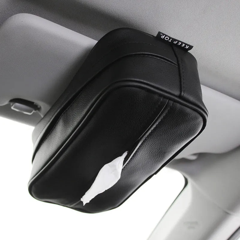Black and beige PU leather hanging organiser box for car or home storage.