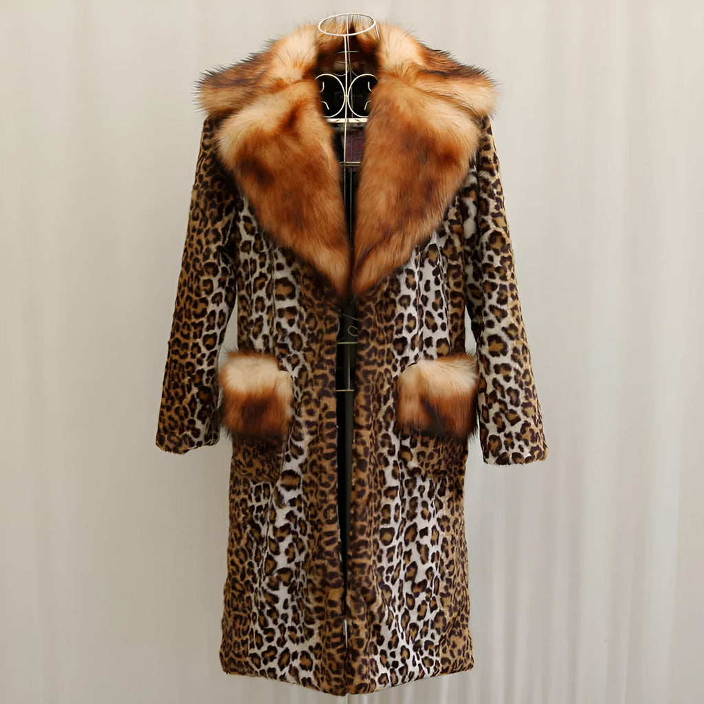 Women's long leopard print artificial fur jacket with a relaxed fit and regular sleeves.