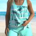 Women's plus size coconut tree print split swimsuit in briefs style.
