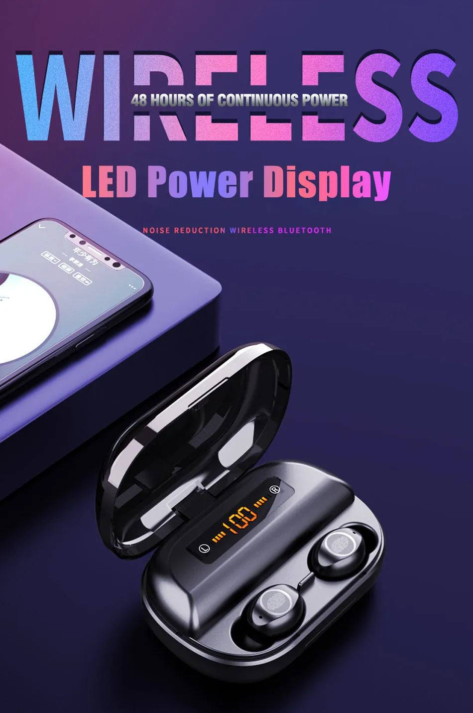 Wireless Bluetooth headset earbuds in black with battery display and stereo sound