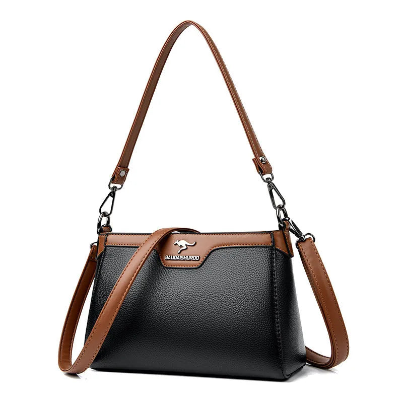 Soft PU one shoulder cross-body bag with contrast colour stitching, black colour option, horizontal square shape