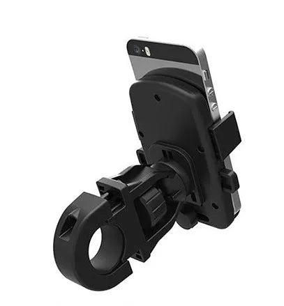 Black ABS plastic bicycle phone holder with a securing rope mounted on bike handlebars.