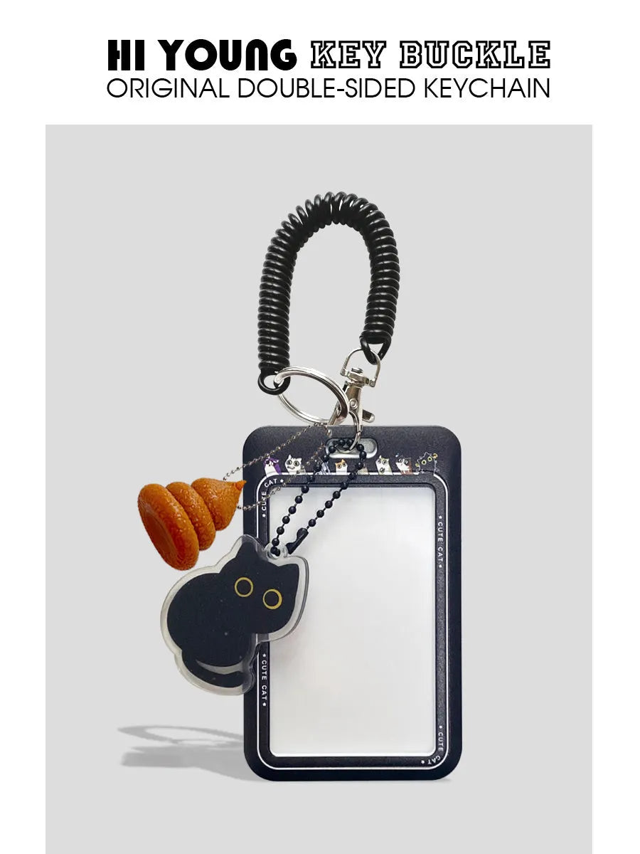 Cute black cat cartoon plastic card holder with a ferrule pendant for keys or bags.