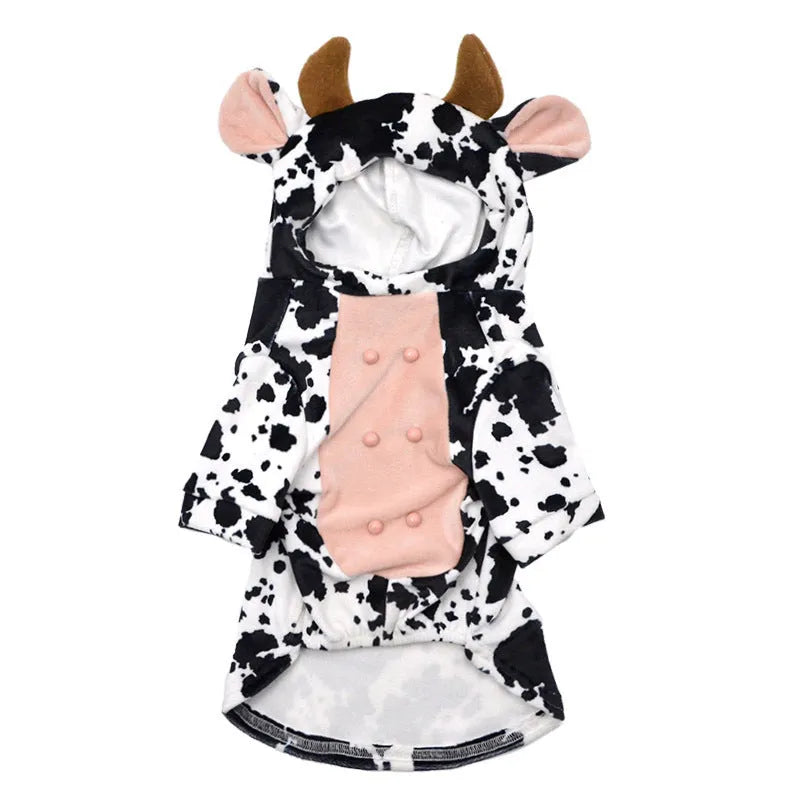 Black and white cow-shaped velvet dog costume on a pet, creative outfit with three size options S M L