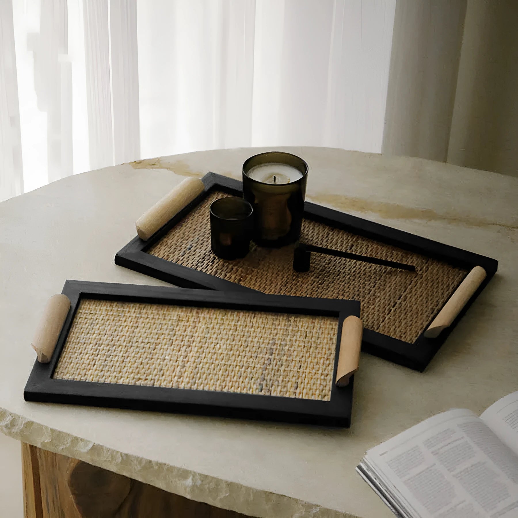 Pine wood dining tray with an elegant house design storage compartment.