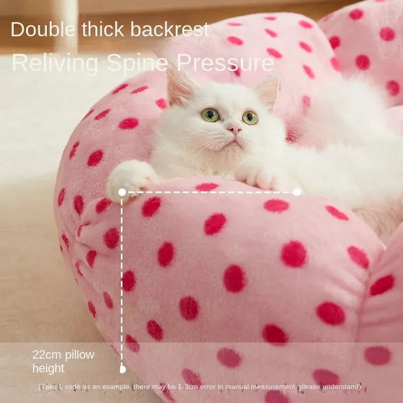 Pink dot pattern fabric cat bed shown in 45cm and 65cm diameter sizes