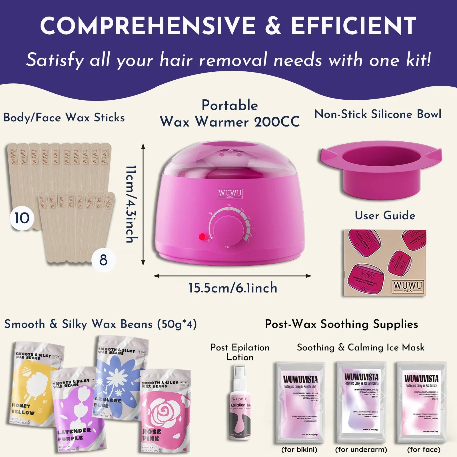 29-piece hard waxing kit with black wax warmer, wax beads, facial and body sticks, aftercare products