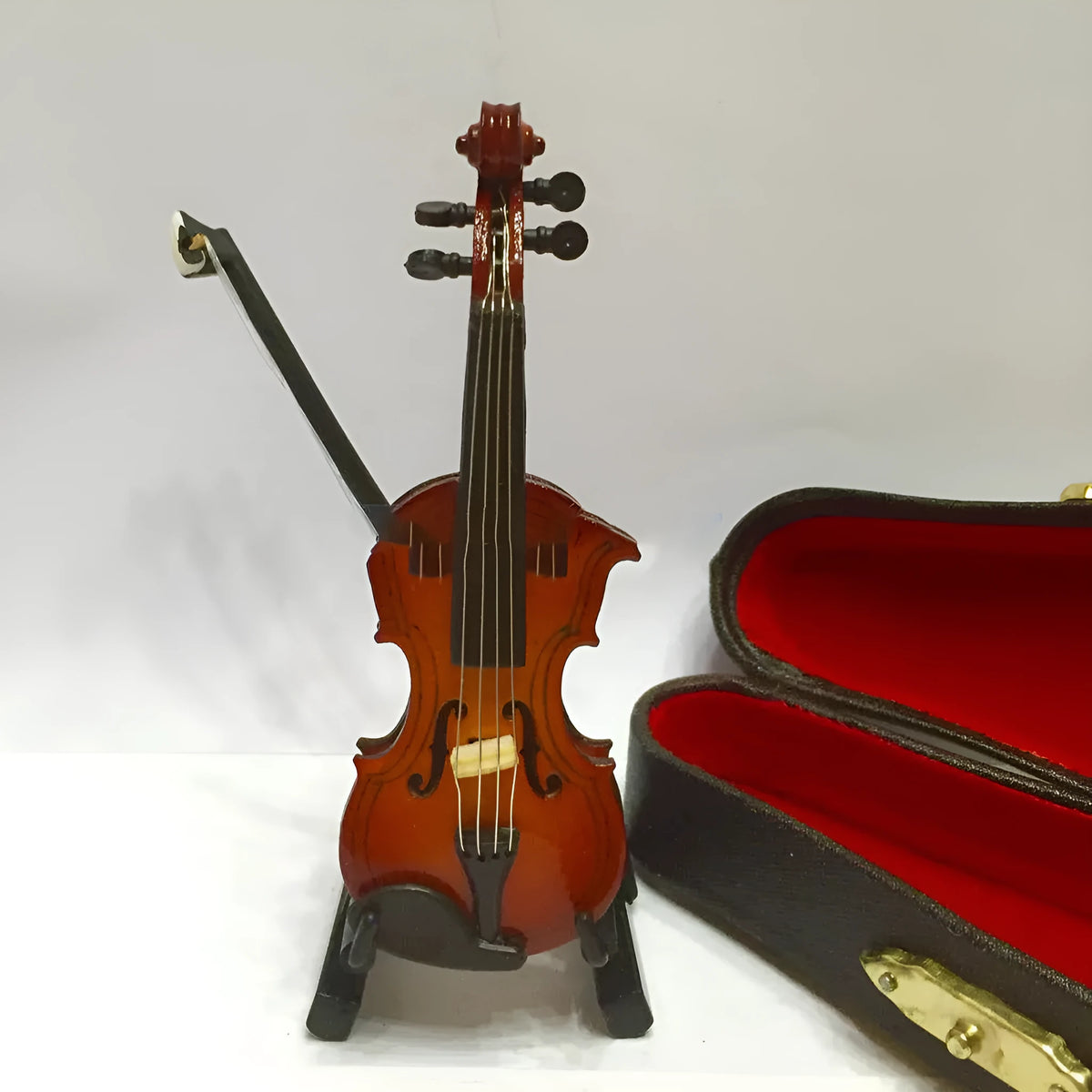 8cm handmade basswood mini violin ornament with bow, stand, and wooden box for photography and display