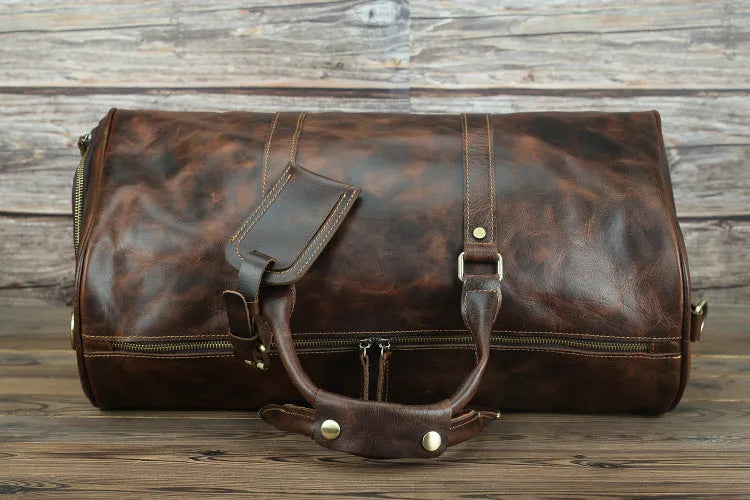Horse leather men's travel bag in brown crazy horse cowhide finish, 50cm long