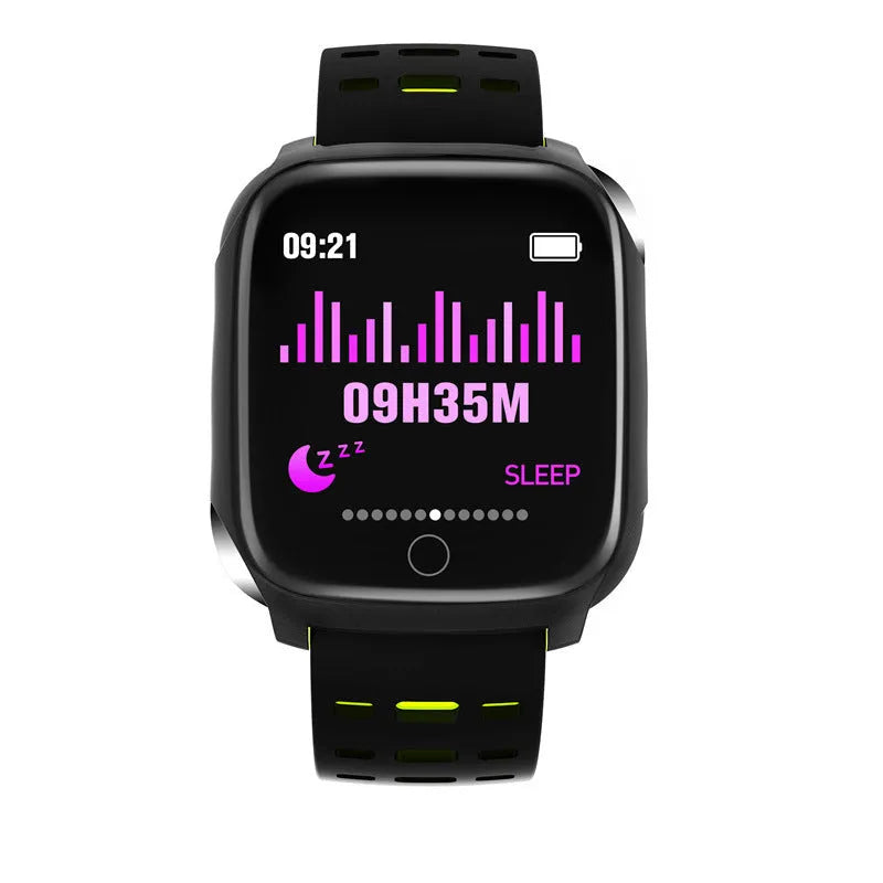 F16 smart watch with ECG monitoring on silicone wristband showing black colour options