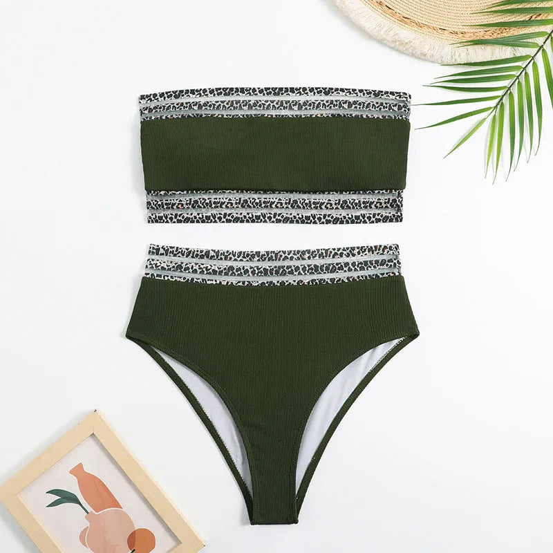 Black strapless bikini top and briefs swimsuit set with leopard pattern splicing.
