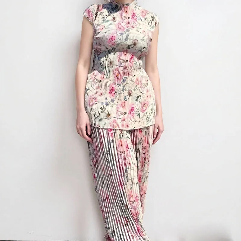 Women's long sleeve printed chiffon dress with high waist design, two-piece set with skirt and top
