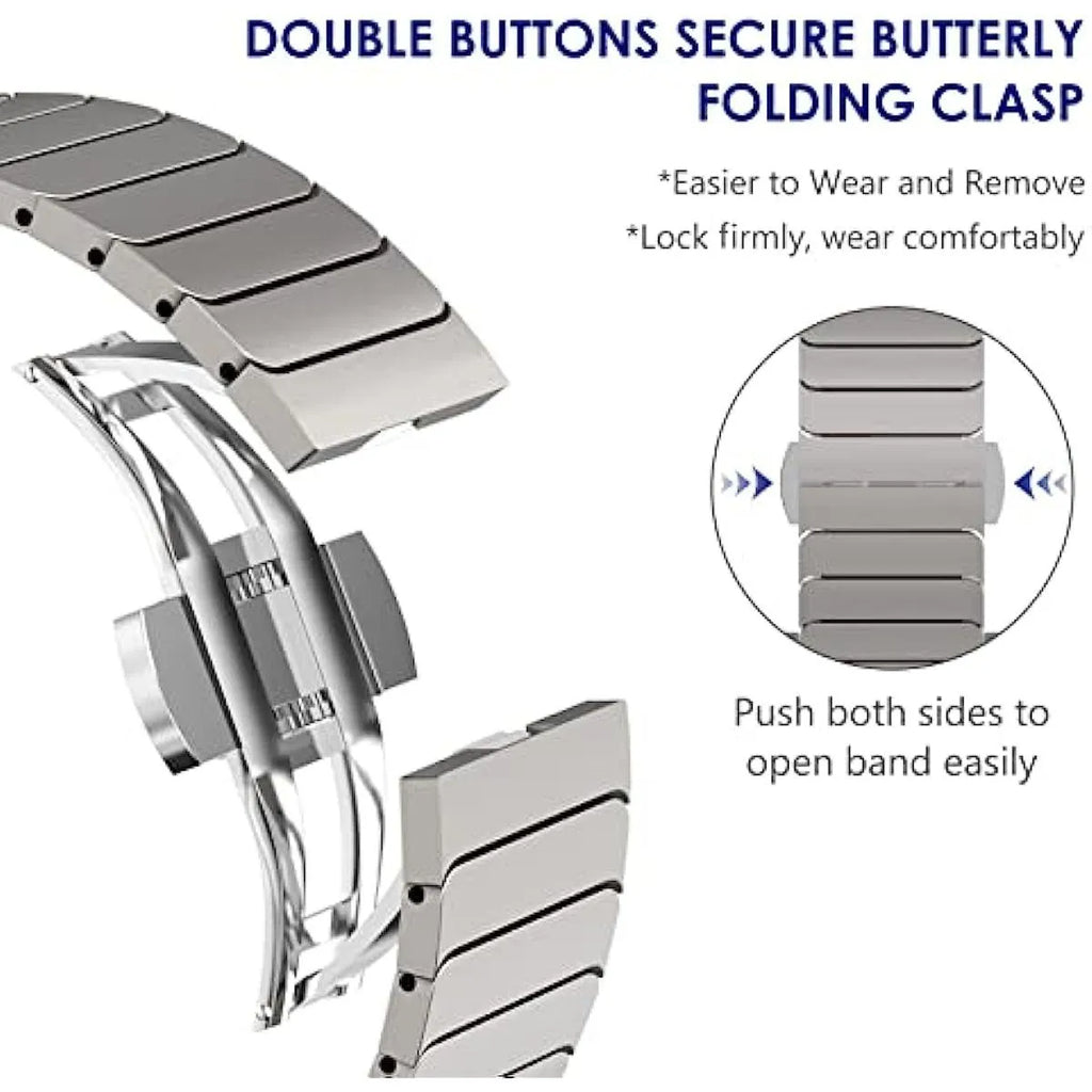 Stainless steel Apple Watch strap with bamboo joint and butterfly clasp in silver, shown in 38/40/41mm size