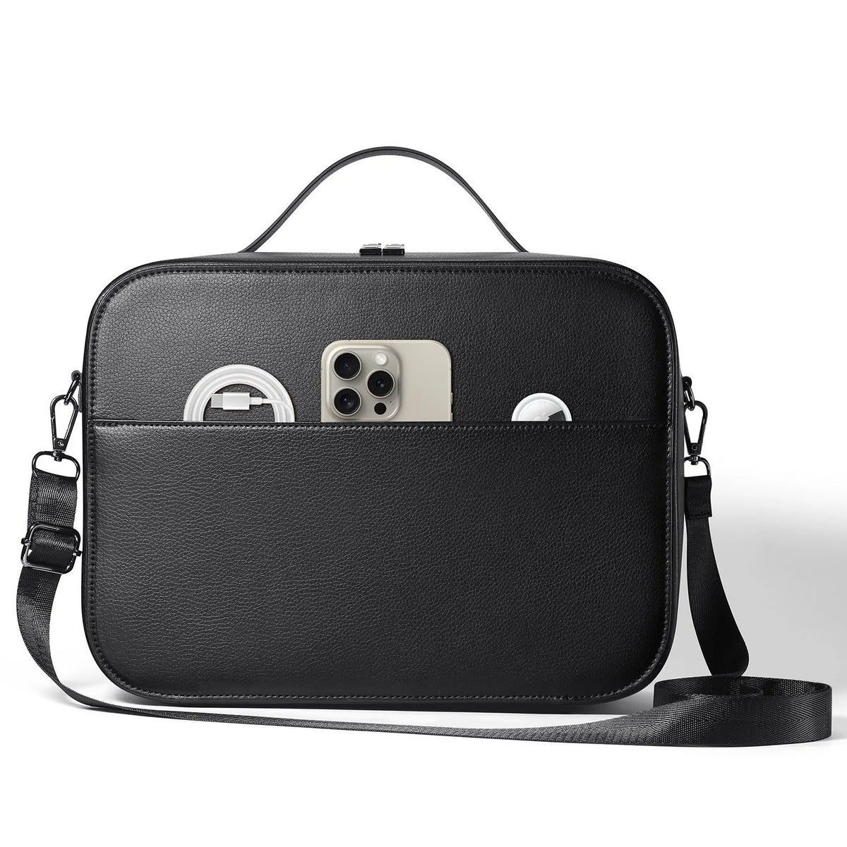 Black superfiber MR glasses storage case showing its size next to a ruler.