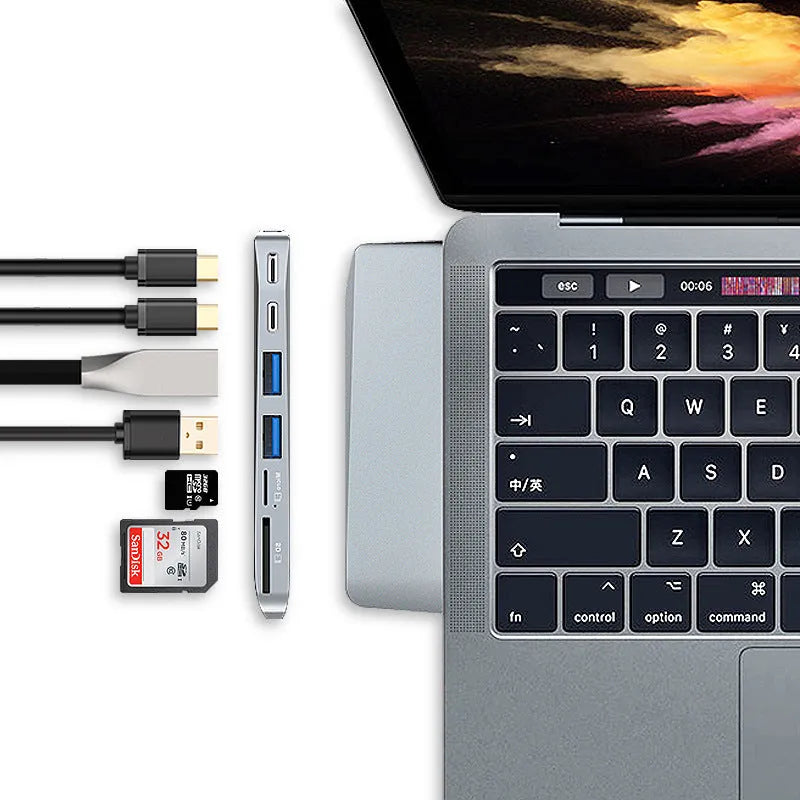 8-in-1 USB-C hub for MacBook Pro with dual USB-C connectors and multiple ports
