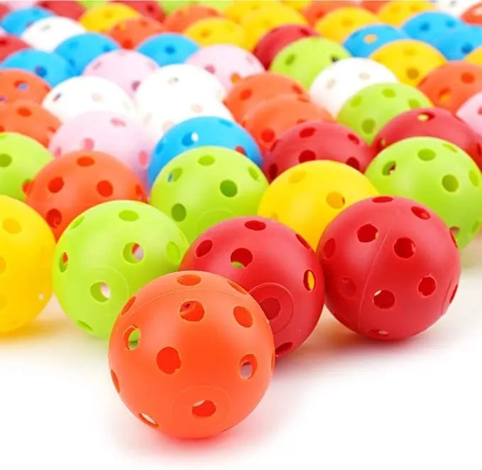 Multi-colour golf practice balls showing red, orange, blue, green, white, and yellow 42mm diameter balls