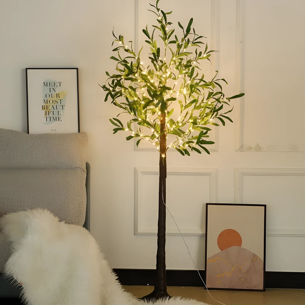 1.8 metre tall artificial olive tree lamp with warm white lights for holiday or garden decoration.