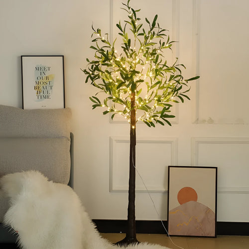 1.8 metre tall artificial olive tree lamp with warm white lights for holiday or garden decoration.