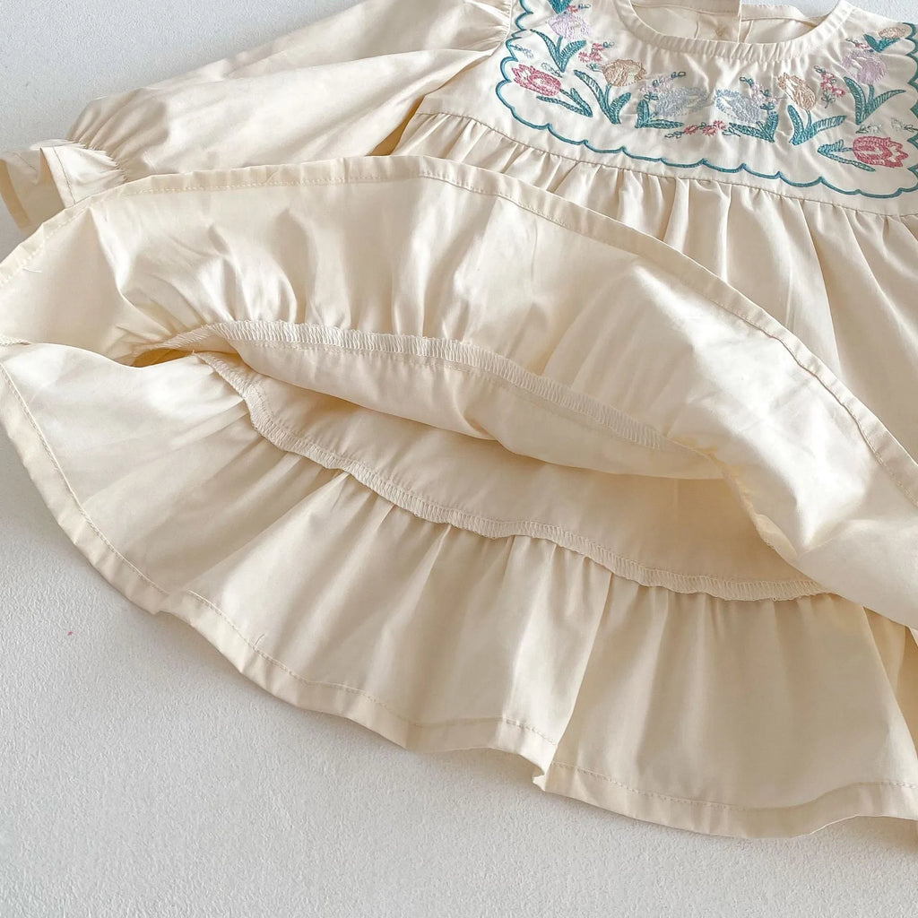 Girls' apricot long sleeve dress with flower embroidery and ruffled details, cotton fabric, princess skirt style