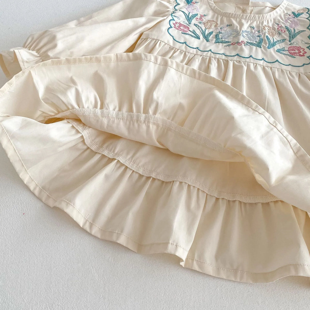 Girls' apricot long sleeve dress with flower embroidery and ruffled details, cotton fabric, princess skirt style