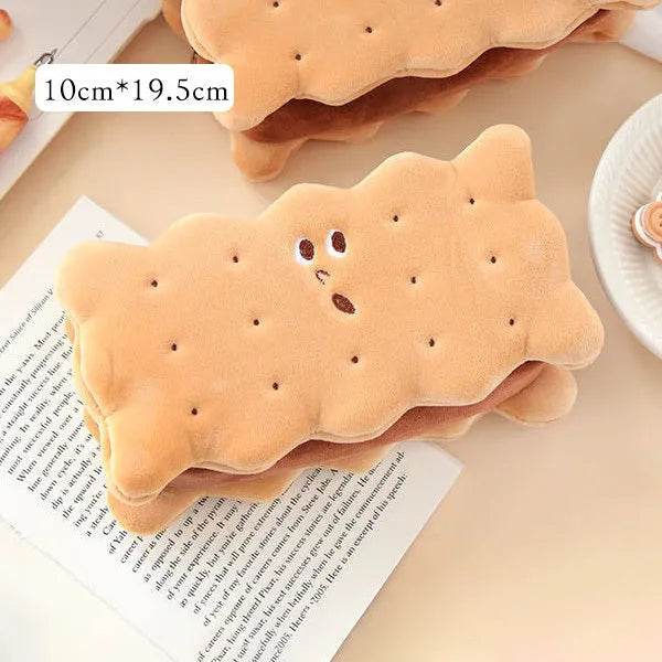 Plush pencil bag with sandwich biscuit design in cartoon style for school storage