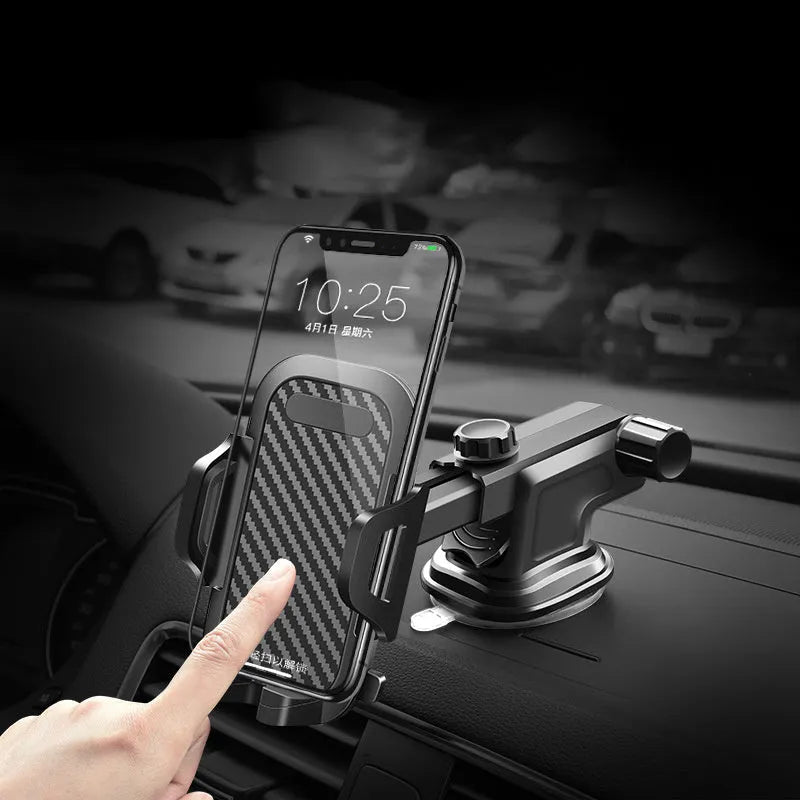 Black universal car phone holder showing adjustable grip for 4.0-7.0 inch mobile phones