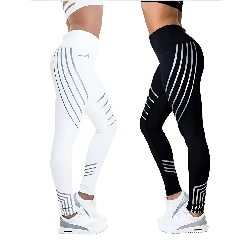 Women's black glow-in-the-dark fitness leggings with reflective print in pencil pants style