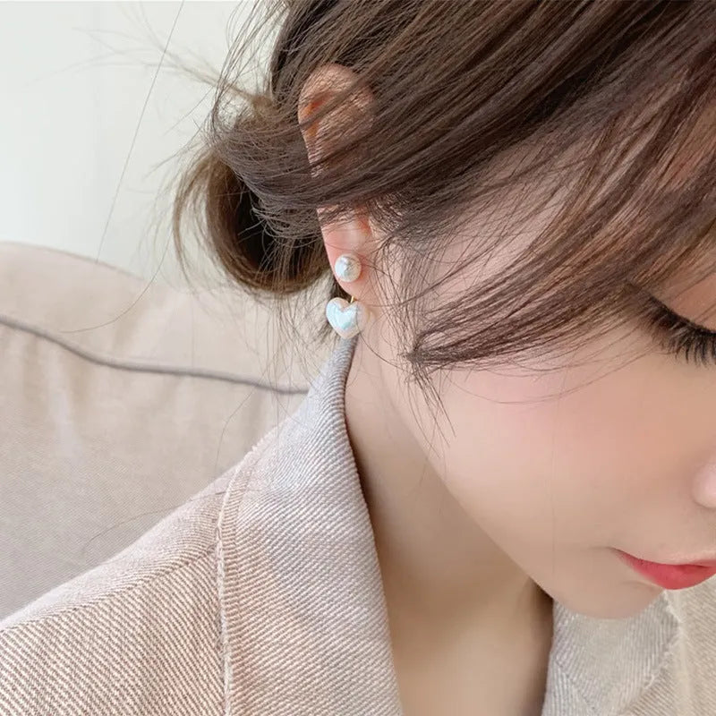 Heart-shaped alloy stud earrings with electroplated finish and artificial gem inlays in Korean style