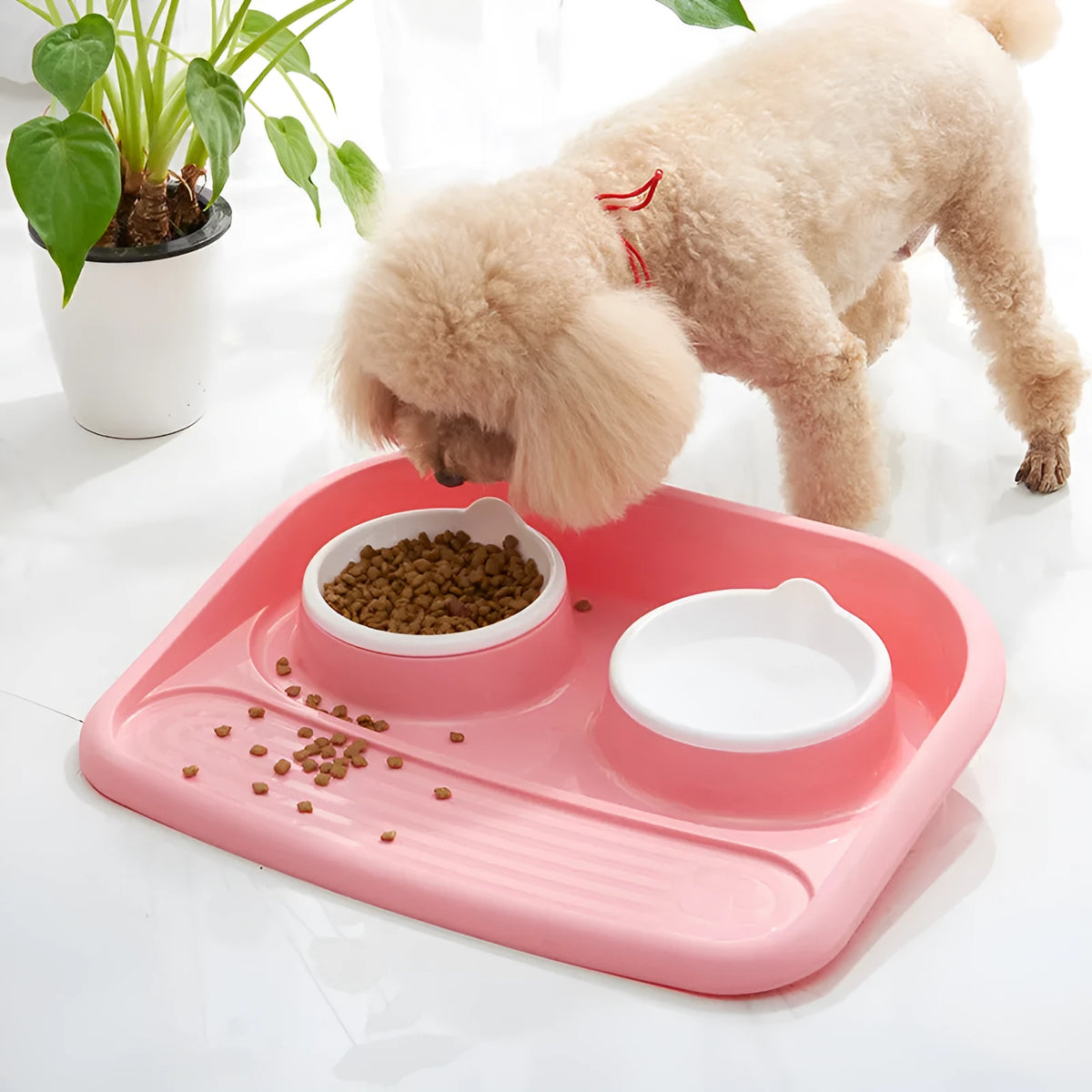 Double plastic pet bowl in grey, blue, green, or pink, measuring 45x35x8cm with anti-skid base.