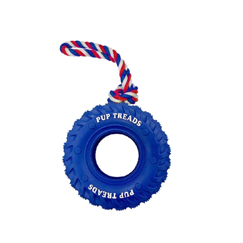 Dog chew toy with rubber tire and tug-of-war rope in black, blue, or orange for medium large aggressive chewers