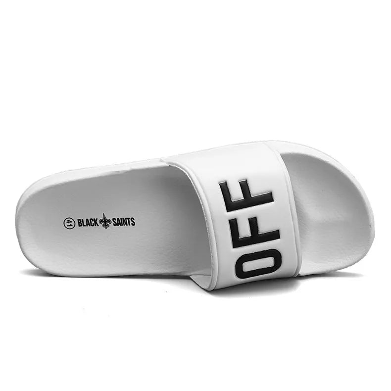 Men's black and white open toe slippers with rubber soles showing size range 36-46
