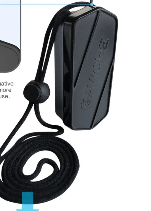 Black plastic air purifier necklace with 650mAh battery measuring 80mm in length
