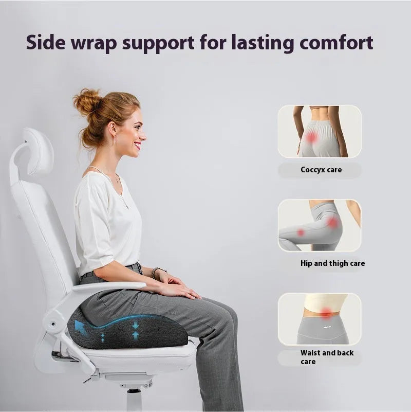 Memory foam office chair cushion in light grey, black or green colours on a chair