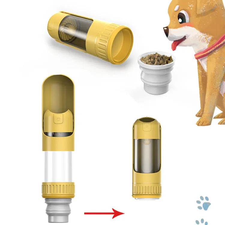 Dark blue portable dog water bottle with built-in bowl, shown with dimensions 215mm by 75mm.