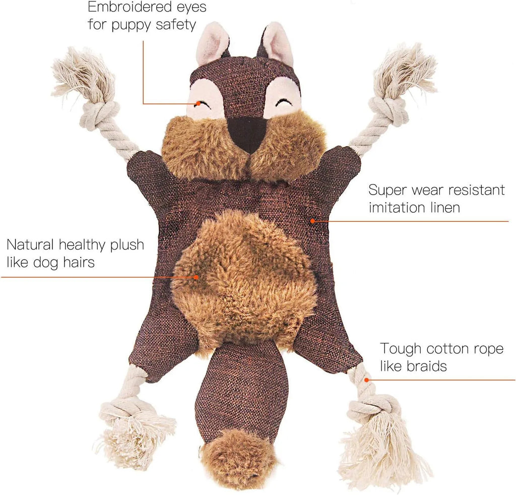 Brown fox dog toy with squeaker, crinkle paper sounds, and cotton rope arms for chewing
